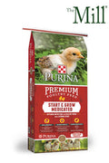 Purina Start & Grow medicated chicken feed crumble in a 50 lb bag, designed for healthy poultry growth and development.