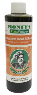 Monty's Vintage Premium Root & Bloom fertilizer bag from Montys Plant Food, featuring colorful packaging and product details.
