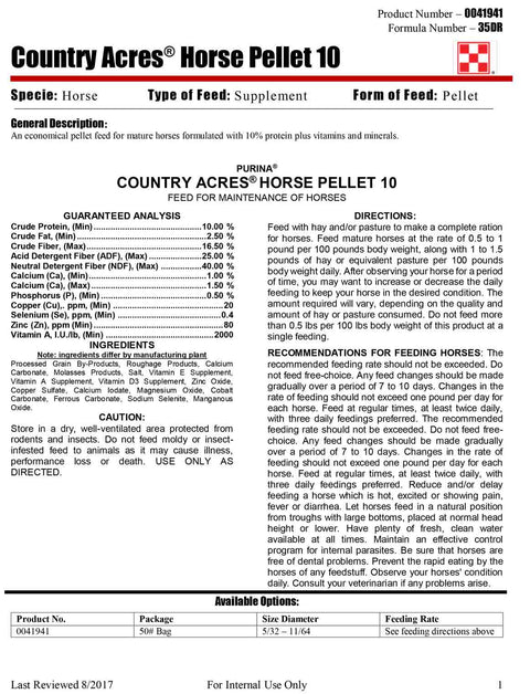 Purina Country Acres Pellet Label