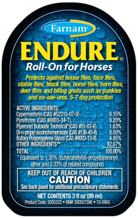 Farnam Endure Sweat Resistant Horse Fly Spray bottle with roll-on label, designed for fly control and sweat resistance in horses.