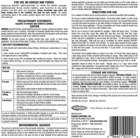 Farnam Endure sweat-resistant horse fly spray label on 1-gallon bottle, fly control product for horses with sweat resistance.