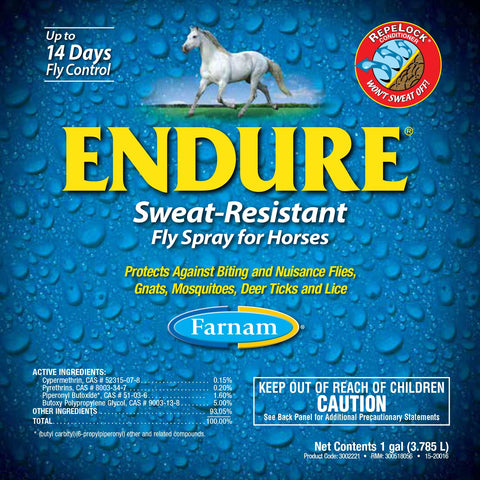 Farnam Endure sweat-resistant horse fly spray bottle with label, designed for fly control and protection against horse flies.