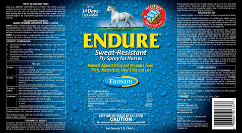 Farnam Endure sweat-resistant horse fly spray bottle with label wrap, 32 oz, designed for fly control and horse protection