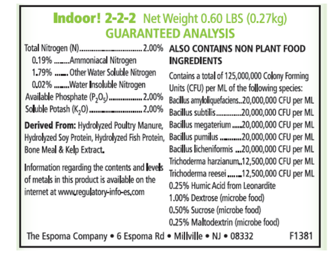 Espoma indoor plant food label