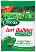 Scotts Lawn Builder bag with green and white packaging, showing lawn fertilizer and garden nutrients for healthy grass.