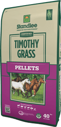 Bag of Standlee Timothy Grass Pellets horse feed showing the green pellet product in a resealable bag.