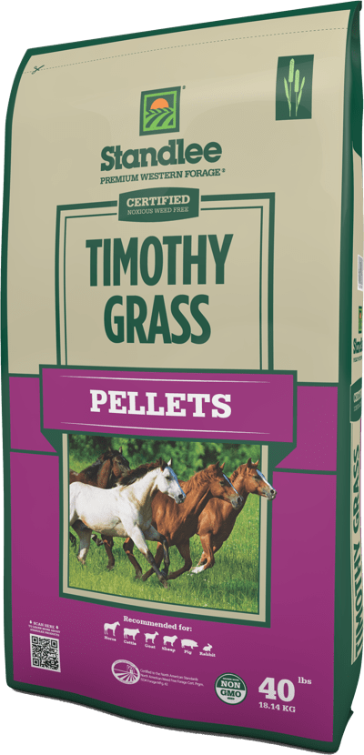 Bag of Standlee Timothy Grass Pellets horse feed showing the green pellet product in a resealable bag.